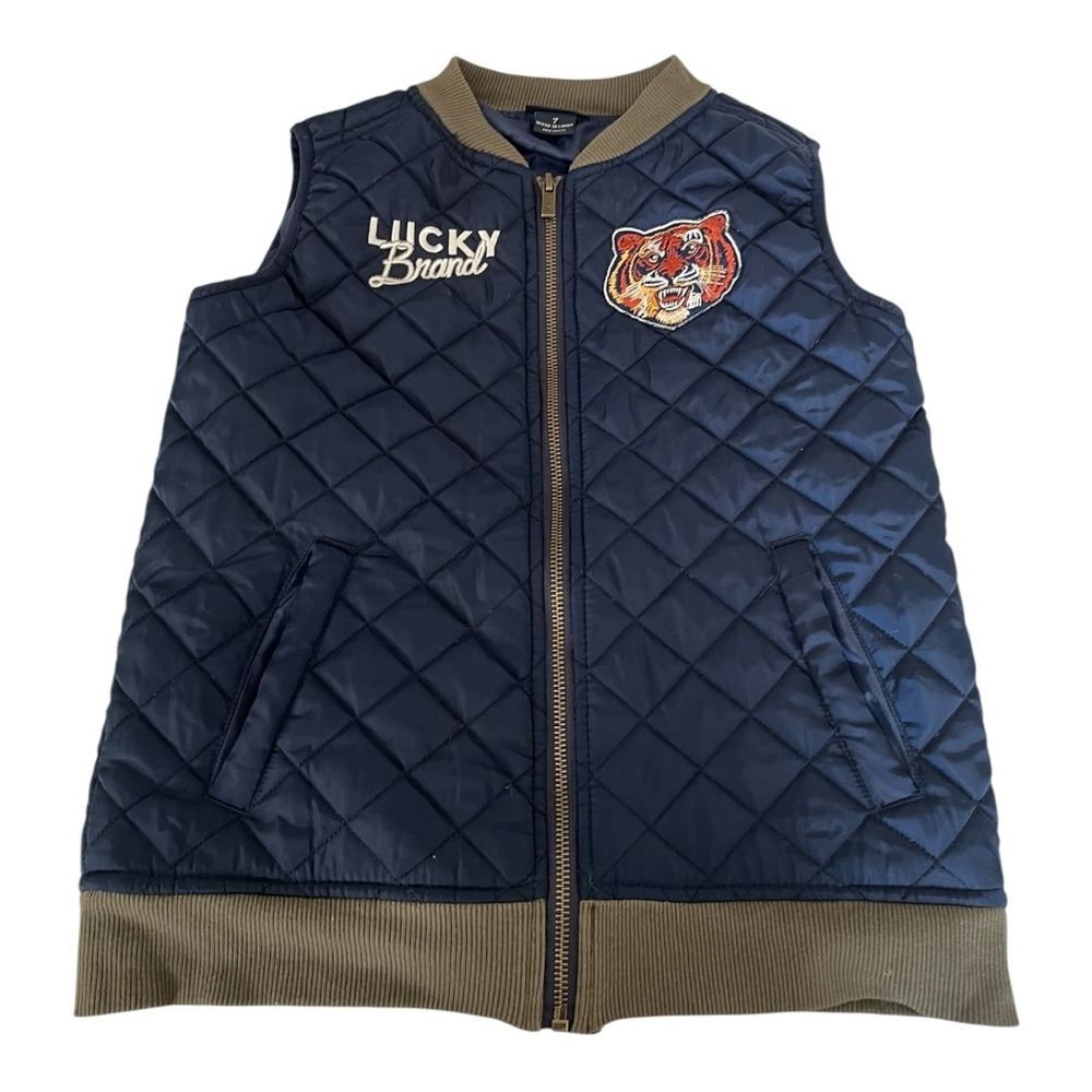 Lucky Brand Boys Quilted Tiger Patch Vest Navy Blue Size 7